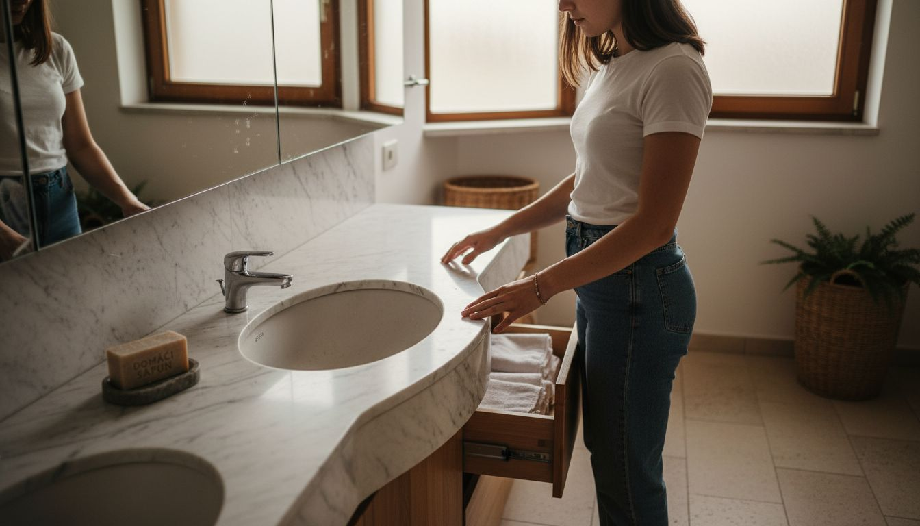 Prstima prelazi preko mermernog umivaonika u kupatilu.