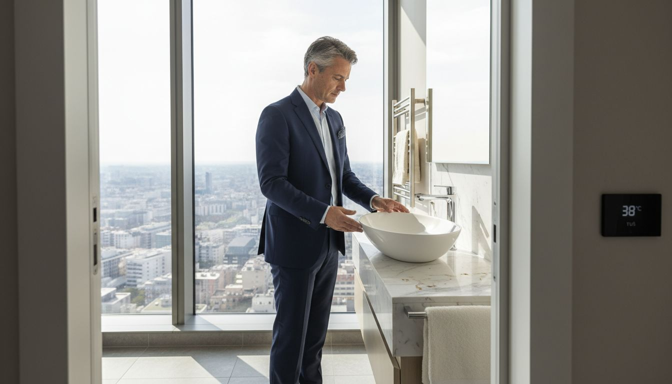 Arhitekta razmatra dizajn luksuznog kupatila sa savremenom opremom