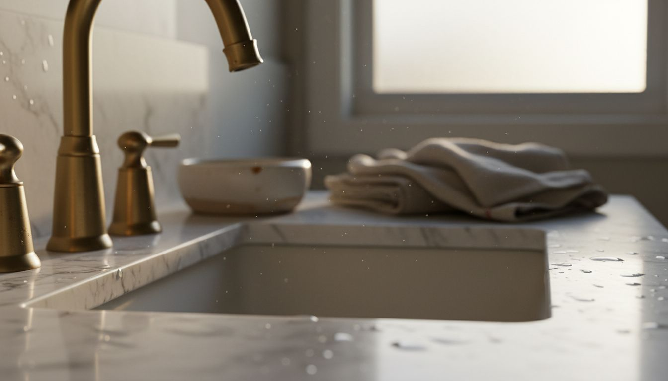 Detaljan prikaz mermerne površine u kupatilu sa elegantnom česmom.