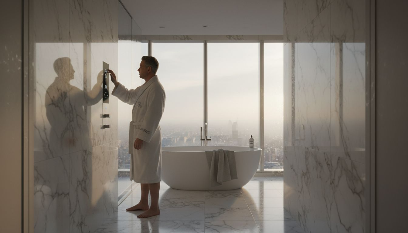 Muškarac u luksuznom kupatilu podešava pametni tuš.
