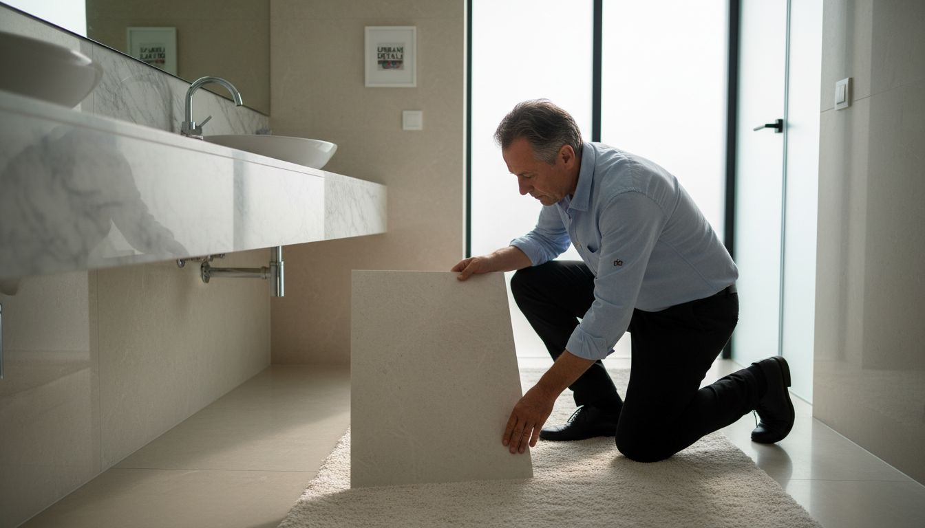 Dizajner detaljno proučava porcelanske pločice u luksuznom kupatilu, obraćajući pažnju na svaki detalj završne obrade.