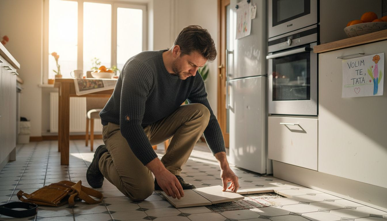 Majstor proverava pločice na podu kuhinje sa podnim grejanjem.
