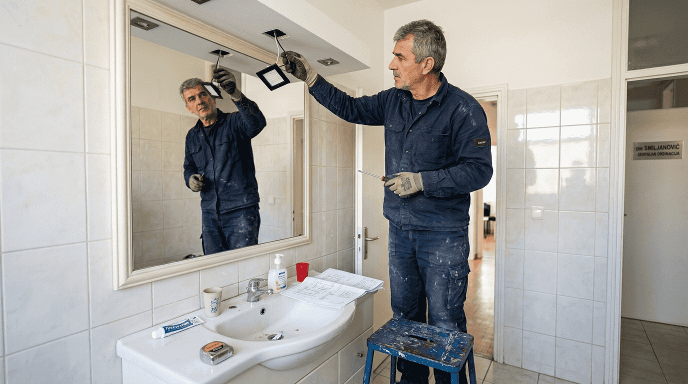 Električar podešava LED rasvetu u kupatilu klinike.