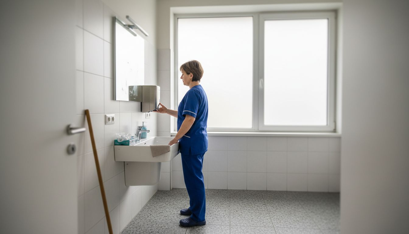 Osoba proverava da li ima sapuna u dozatoru u toaletu klinike.