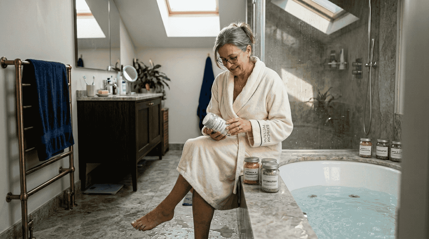 Elegantna dama stoji pored luksuzne hidromasažne kade u modernom kupatilu.