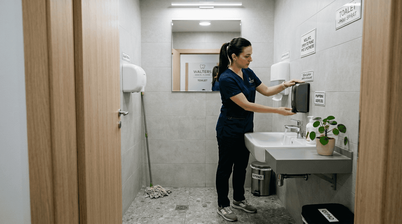 U savremeno opremljenom kupatilu stomatološke ordinacije, higijeničarka brižljivo vodi računa o čistoći i urednosti prostora.