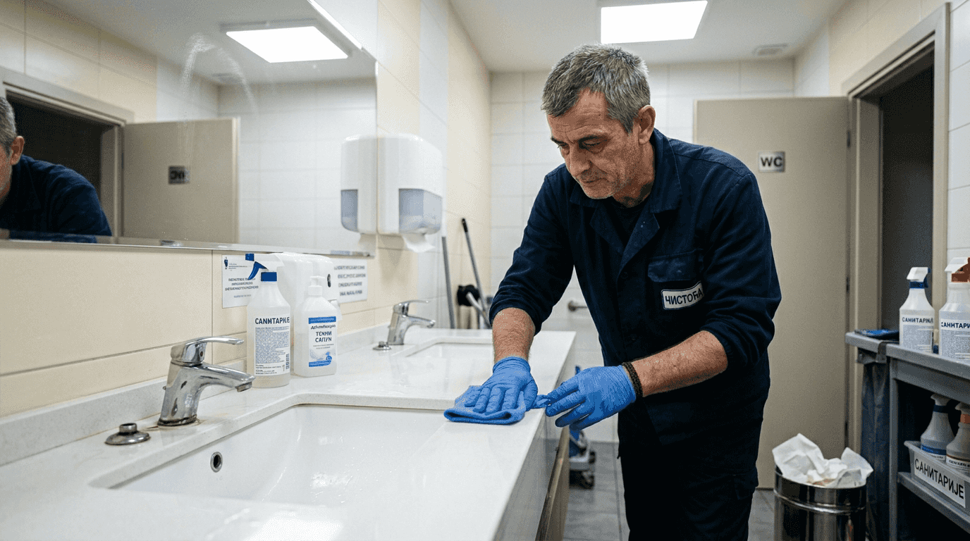 Domar temeljno čisti površine u toaletu stomatološke ordinacije, vodeći računa o visokom nivou higijene.