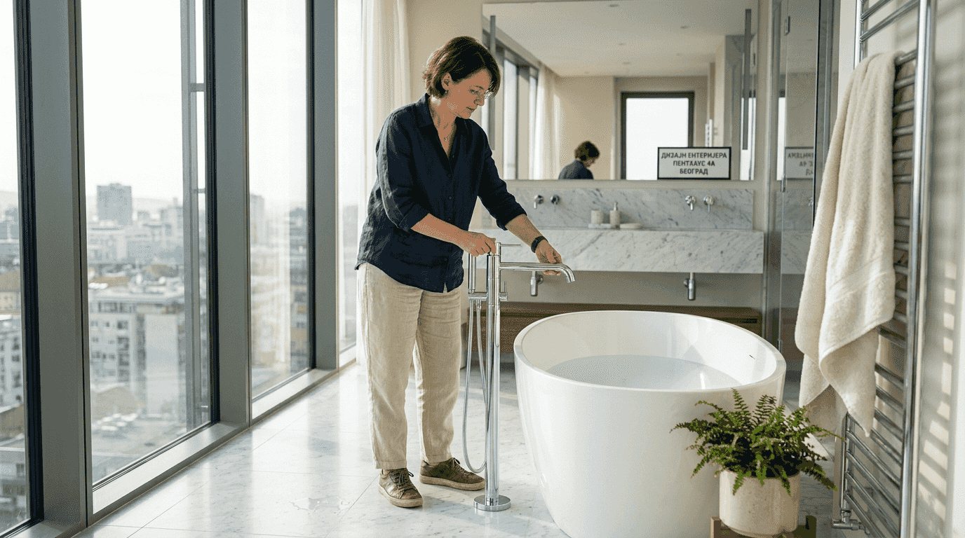 Scena savremene luksuzne kupatilske oaze, u kojoj poznati dizajner daje svoj lični pečat minimalističkom enterijeru.