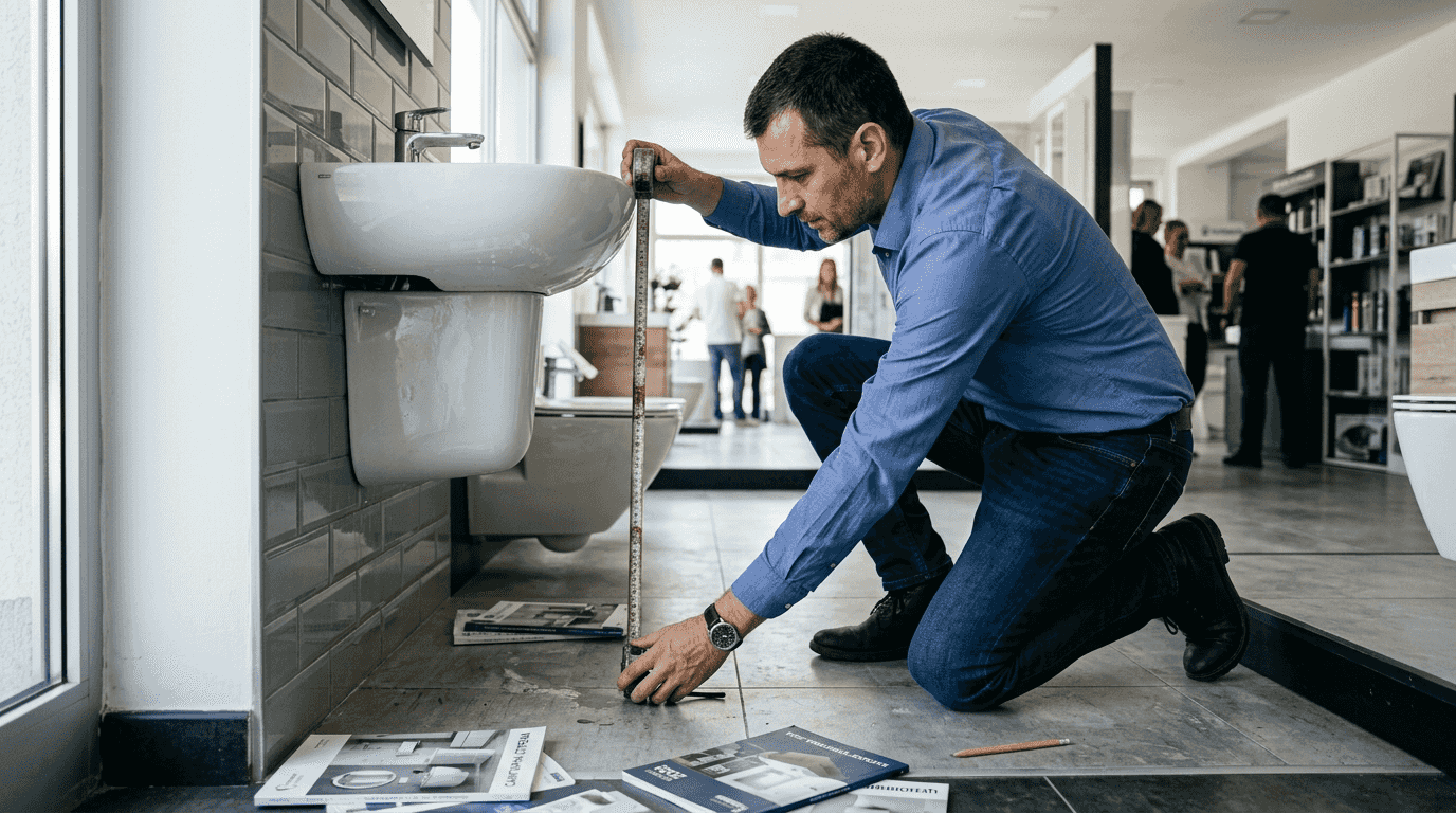 Muškarac proverava odgovarajuću visinu lavaboa za veću udobnost u kupatilu