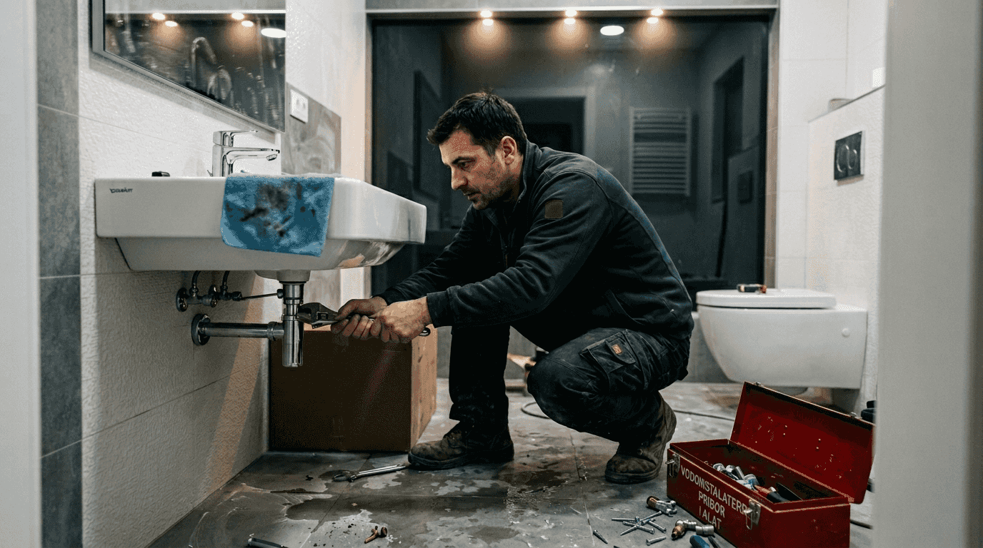 Majstor postavlja luksuzni lavabo u kupatilu, pažljivo uklapajući svaki detalj.