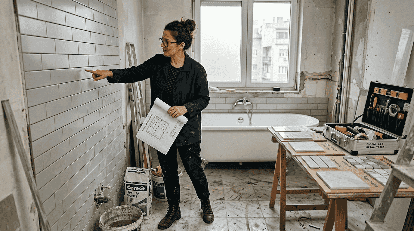 Dizajner pažljivo razmatra planove za renoviranje luksuznog kupatila.