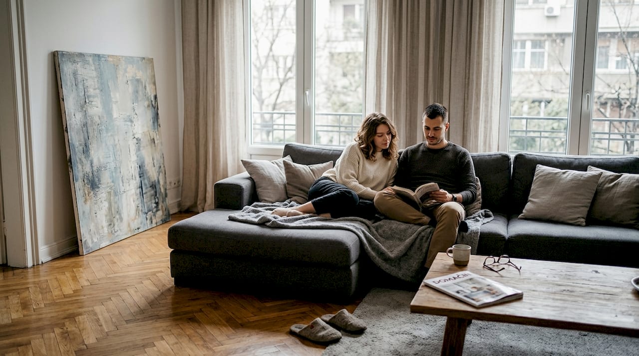 Par uživa u raskošno uređenom dnevnom boravku sa podom od hrastovog parketa.