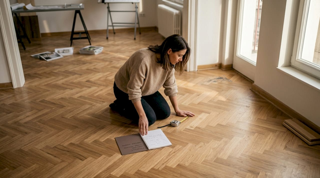 Dizajner pažljivo proučava parket sa ševron šarom, proverava kvalitet izrade i detalje.