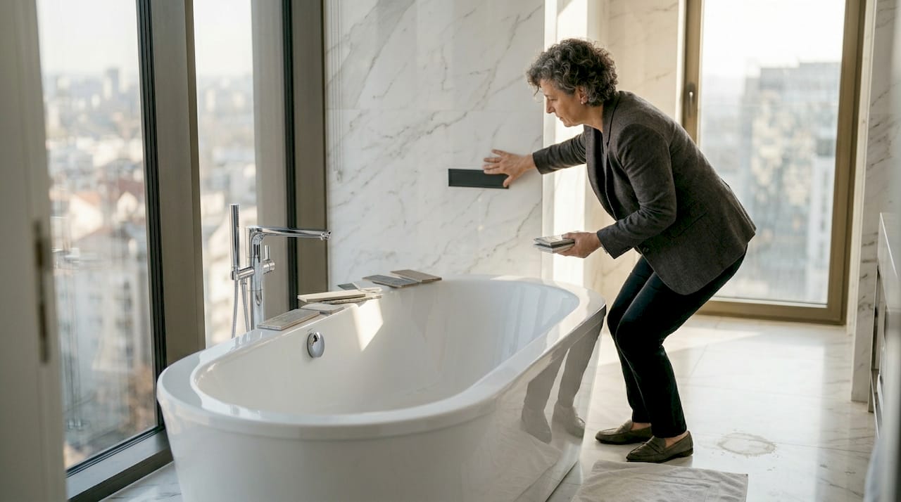 Dizajner pažljivo razgleda uzorak keramičke pločice, procenjujući kvalitet i boje za novi projekat.