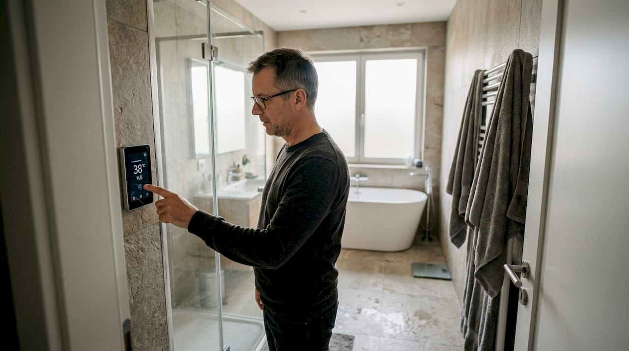 Muškarac podešava digitalne komande u luksuznom kupatilu.