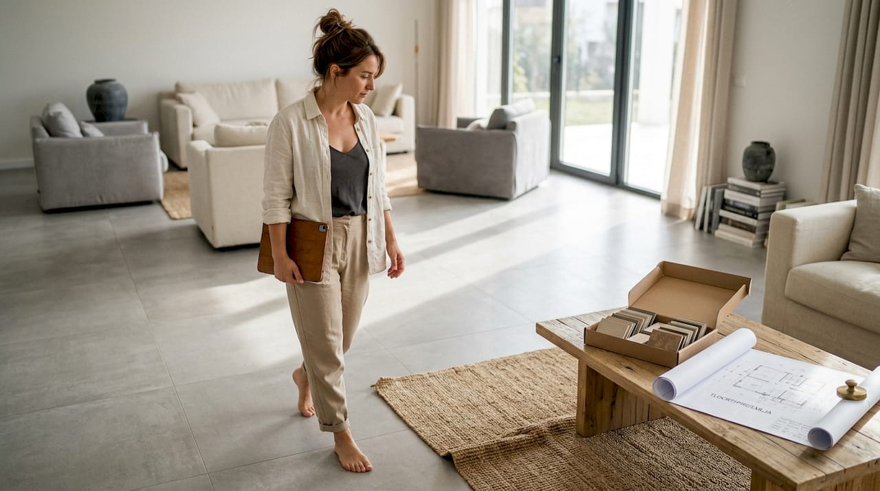 Enterijerista lagano prolazi kroz prostrani, svetao dnevni boravak, gde pod blista zahvaljujući elegantnim keramičkim pločicama.