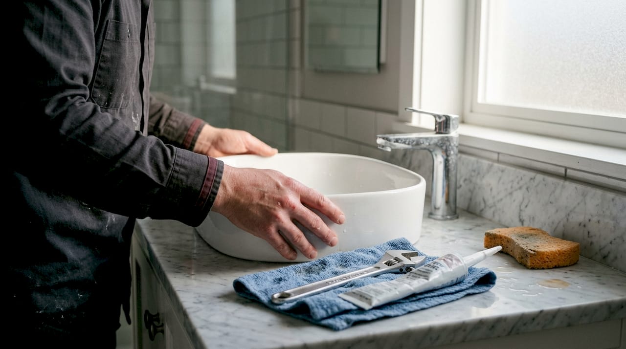 Ruke postavljaju luksuzni keramički umivaonik