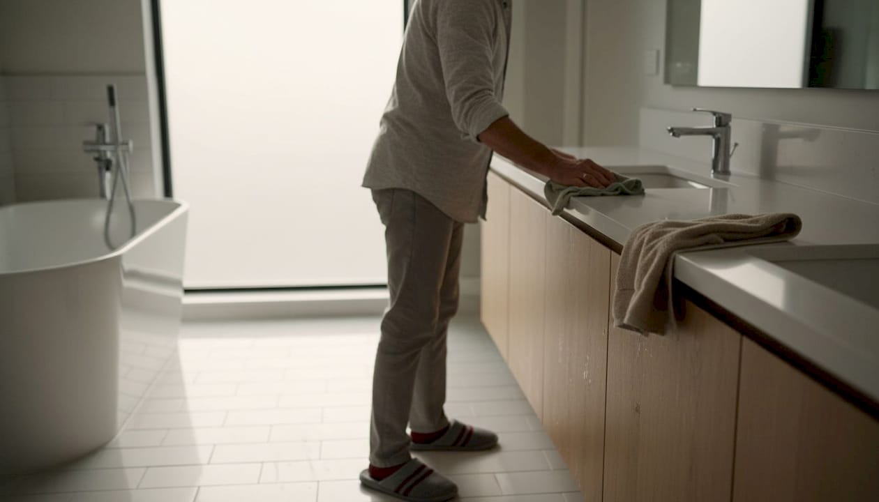 Vlasnik kuće detaljno čisti moderno i luksuzno kupatilo, vodeći računa o svakom detalju kako bi prostor ostao blistavo čist i uredan.