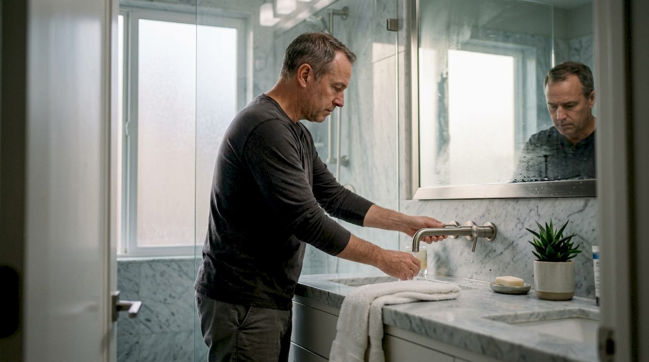 Korisnik podešava slavinu u luksuznom kupatilu obloženom mermerom.