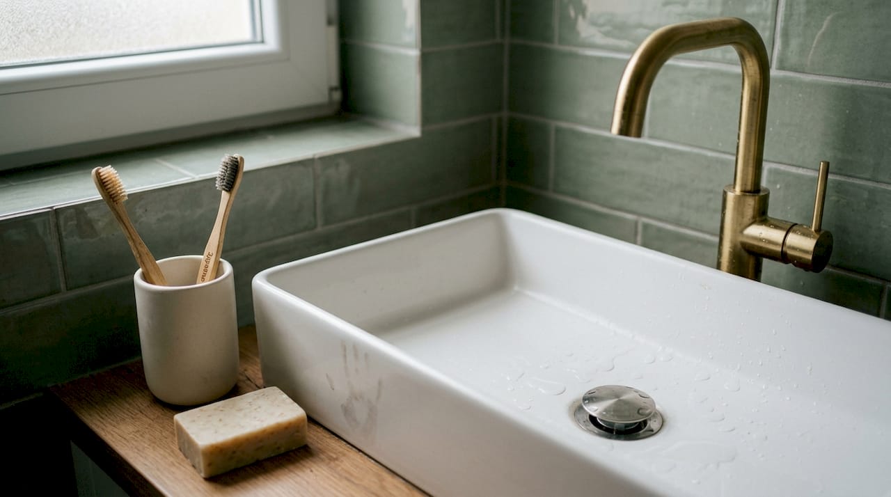 Detaljan prikaz luksuznog dizajnerskog lavaboa i slavine