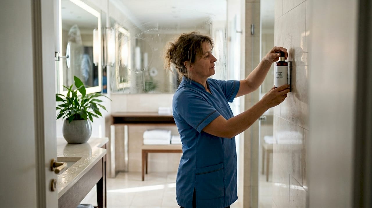 Sobarica dopunjava ekološki dozator u kupatilu.