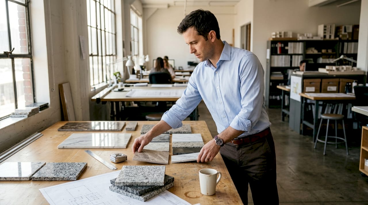 Arhitekta pažljivo bira uzorke vrhunskih materijala za kupatilo