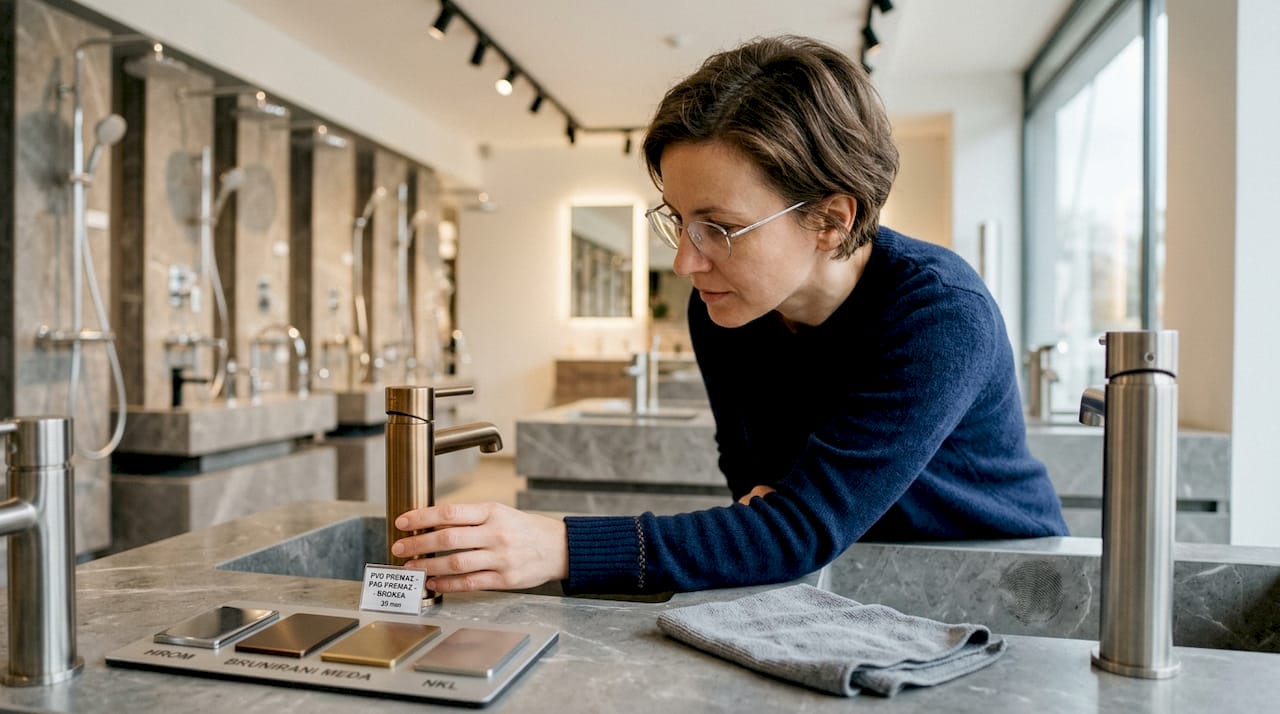 Žena pažljivo pregleda završnu obradu baterije za kupatilo sa PVD premazom.