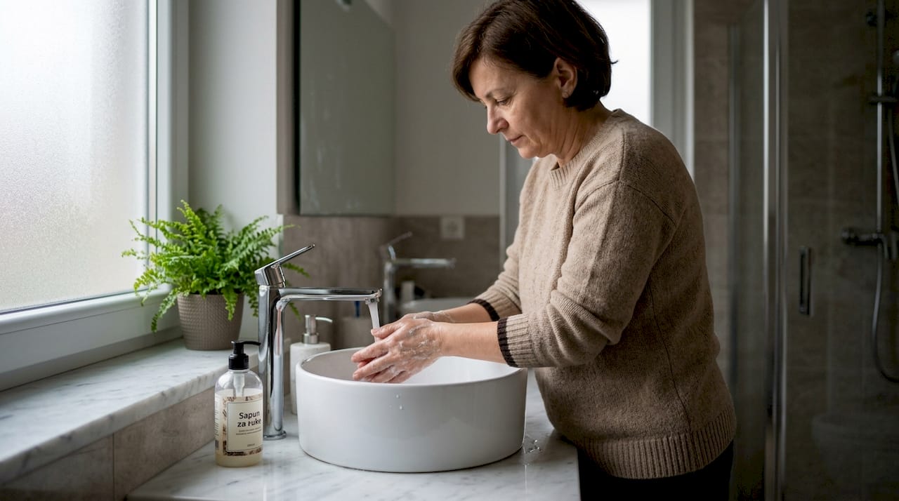 Žena pere ruke iznad elegantnog umivaonika od mermera u modernom kupatilu.