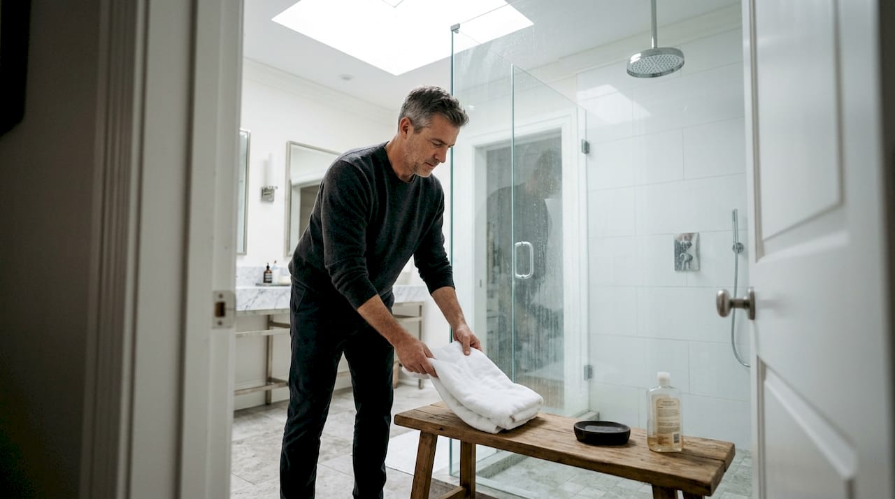Muškarac namesta peškir pored luksuznog tuša u kupatilu.