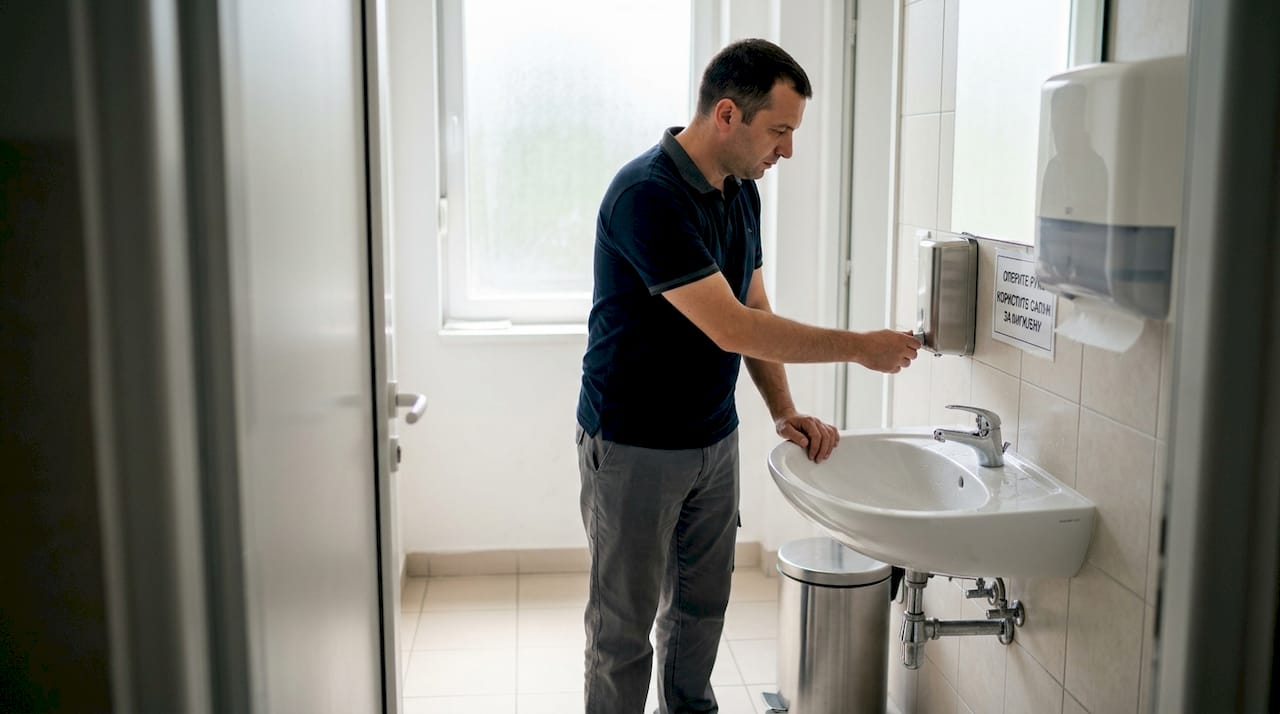 Upravnik objekta proverava da li u dispenzeru za sapun u medicinskom toaletu ima dovoljno sapuna.