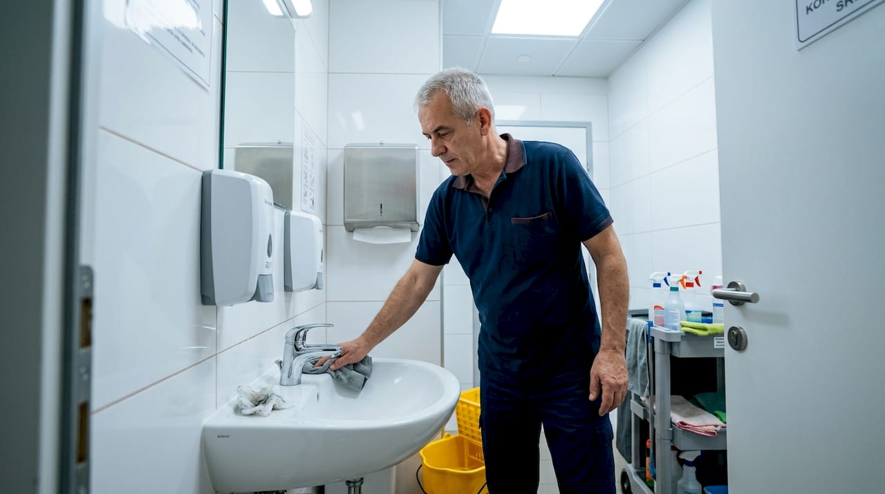 Domar čisti toalet u medicinskoj ustanovi, posebno obraćajući pažnju na keramički umivaonik.