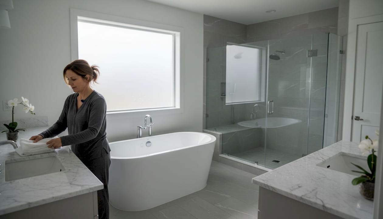 Vlasnik kuće pažljivo slaže peškire u luksuznom kupatilu od mermera, vodeći računa o svakom detalju i uživajući u lepoti svog doma.