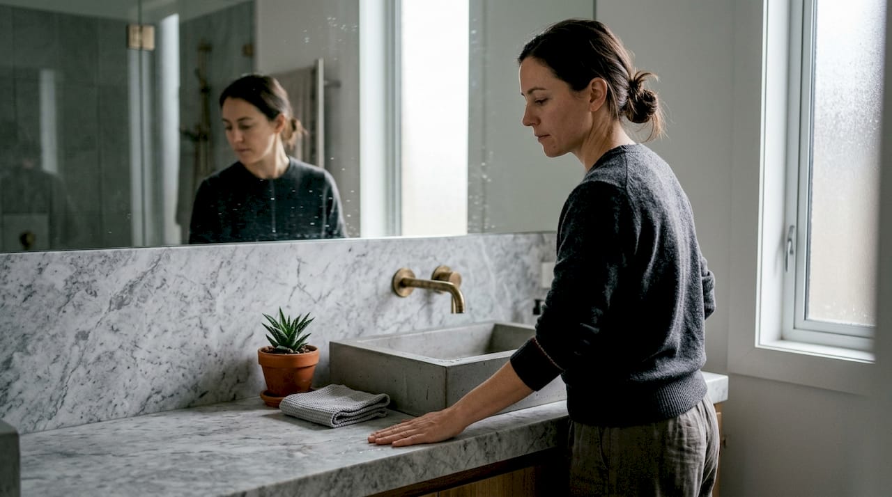 Osoba pažljivo razgleda luksuzne završne obrade i materijale u svom kupatilu, procenjujući kvalitet i eleganciju prostora.