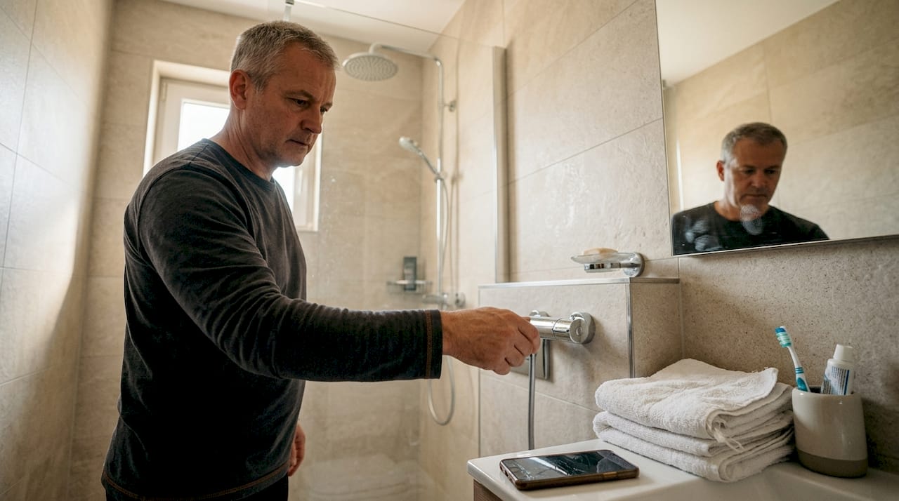 Muškarac podešava pametnu slavinu u kupatilu.