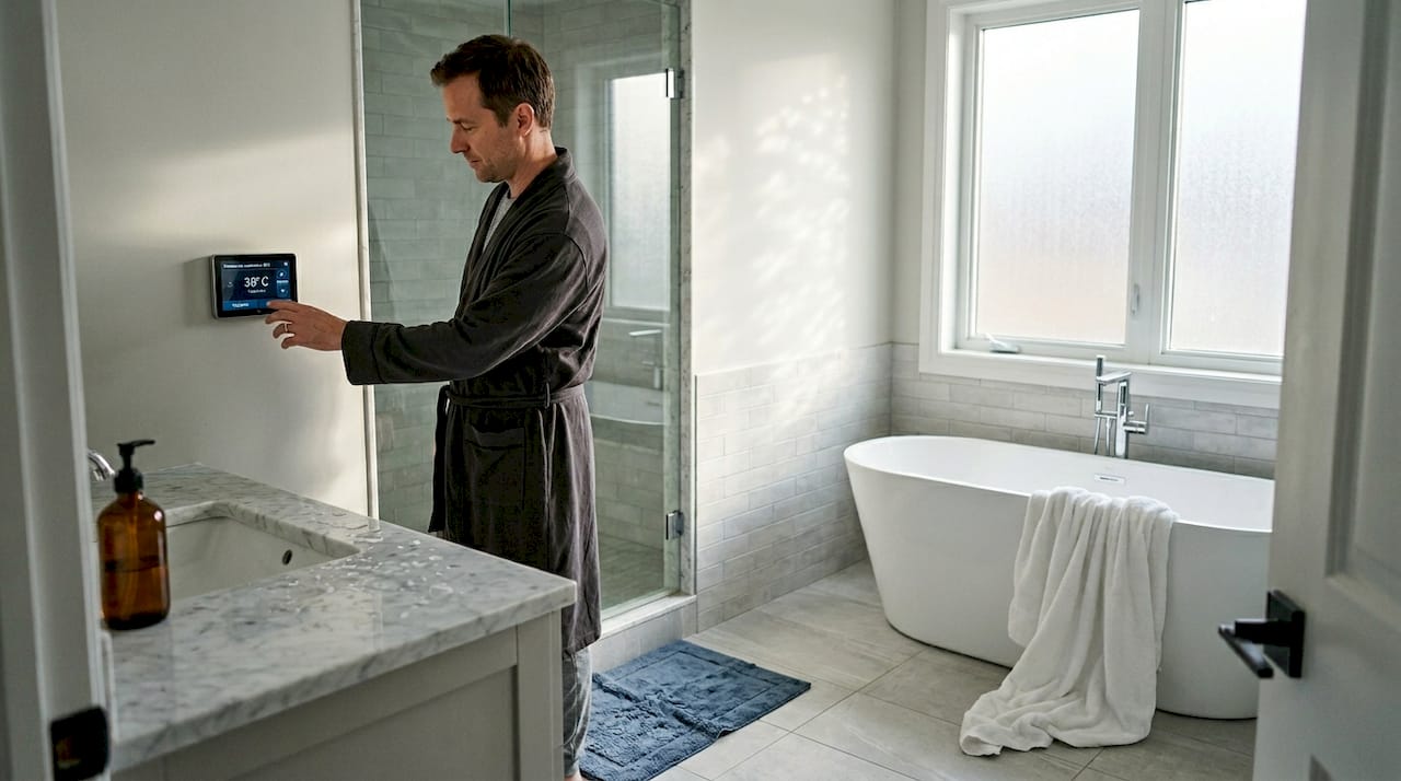 Vlasnik uživa u savremenom i luksuznom kupatilu, koristeći sve pogodnosti koje ono pruža.