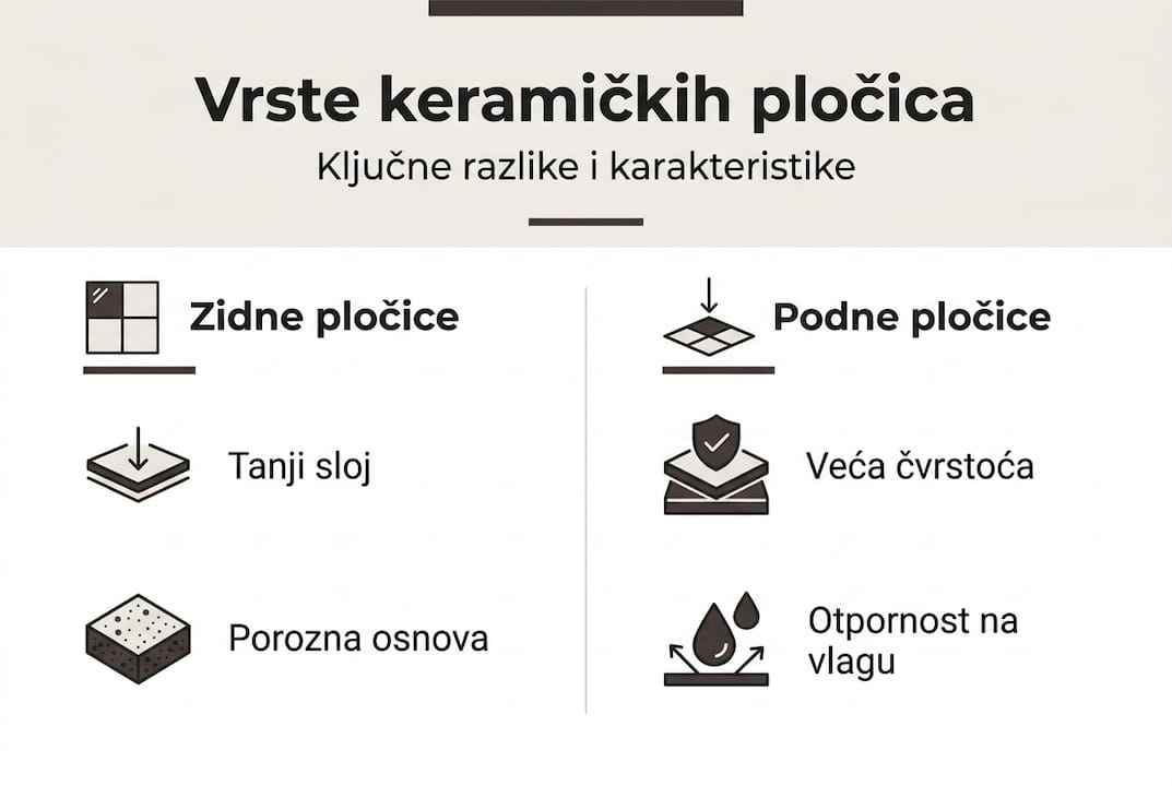 Na infografiku su prikazane različite vrste keramičkih pločica, kao i njihove glavne karakteristike i razlike.