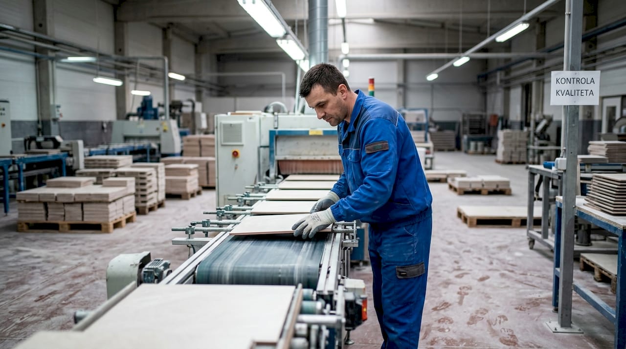 Radnik pažljivo kontroliše tok brušenja pločica, kako bi se uverio da sve ide po planu.