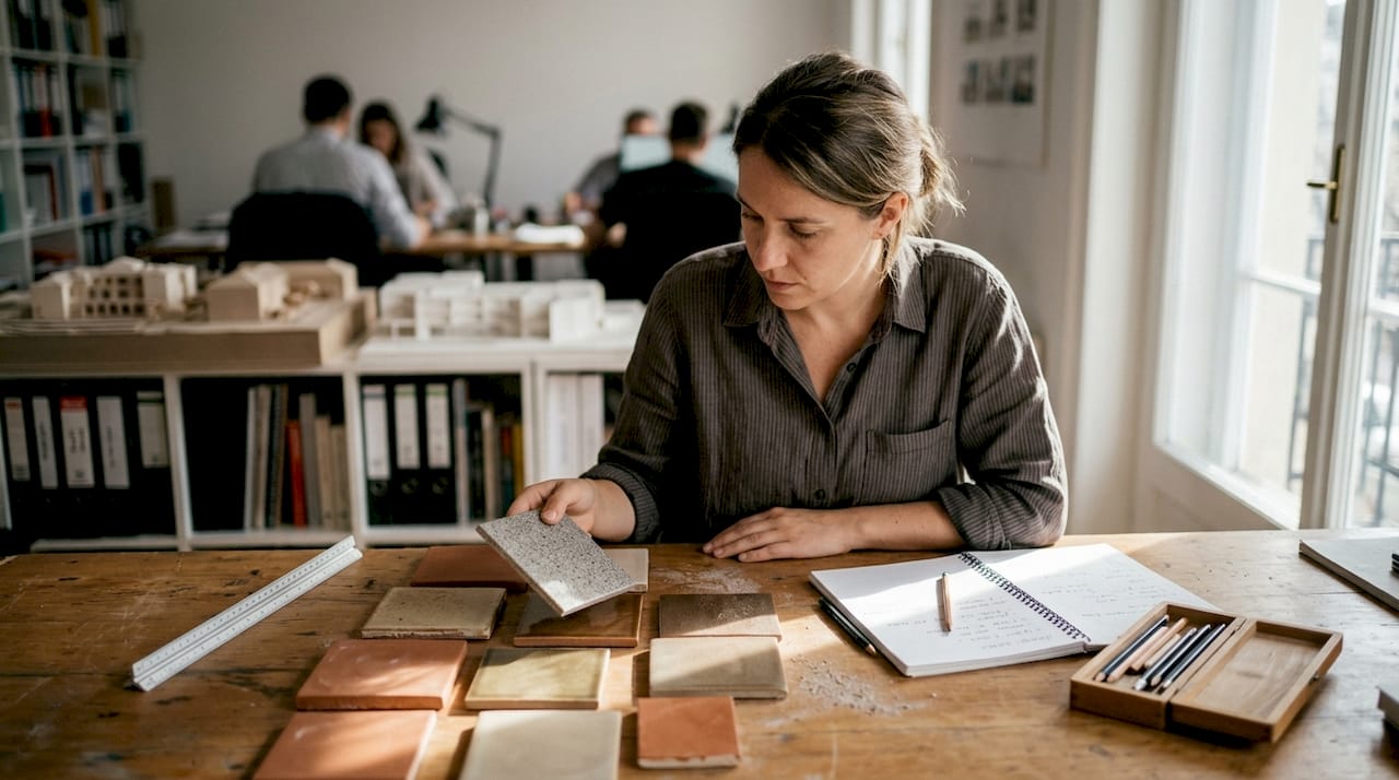 Arhitektica pažljivo bira keramičke pločice, razmatrajući njihove uzorke i kvalitet.