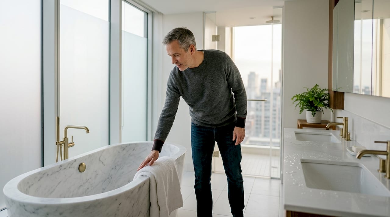 Vlasnik kuće pažljivo pregleda mermernu kadu u luksuznom kupatilu.