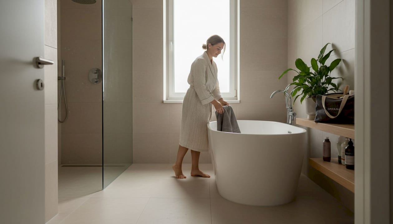 Prostrano kupatilo, opremljeno savremenim i luksuznim detaljima, pruža vrhunski osećaj udobnosti.