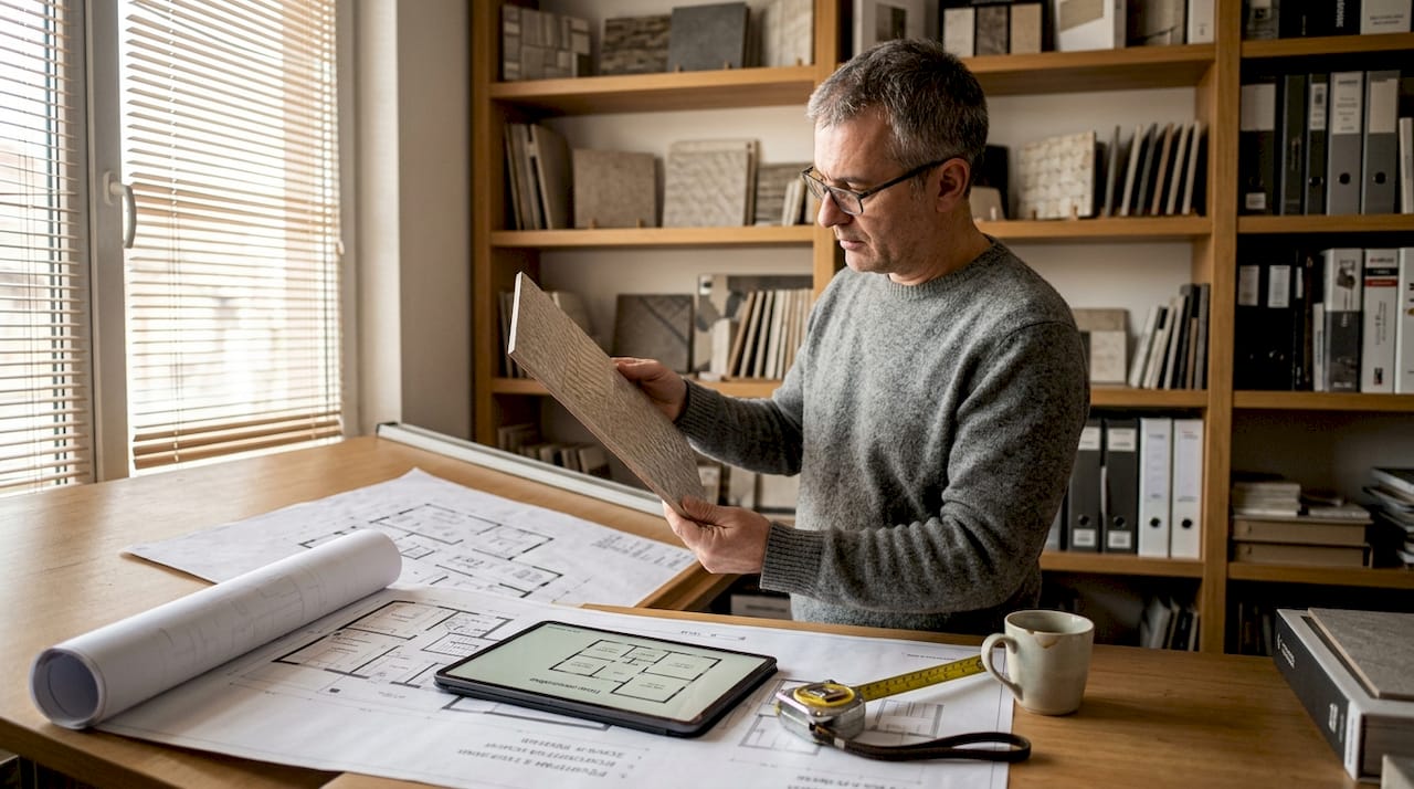 Arhitekta pažljivo razmatra veliki uzorak pločica u svom studiju, procenjujući kako će se uklopiti u budući projekat.