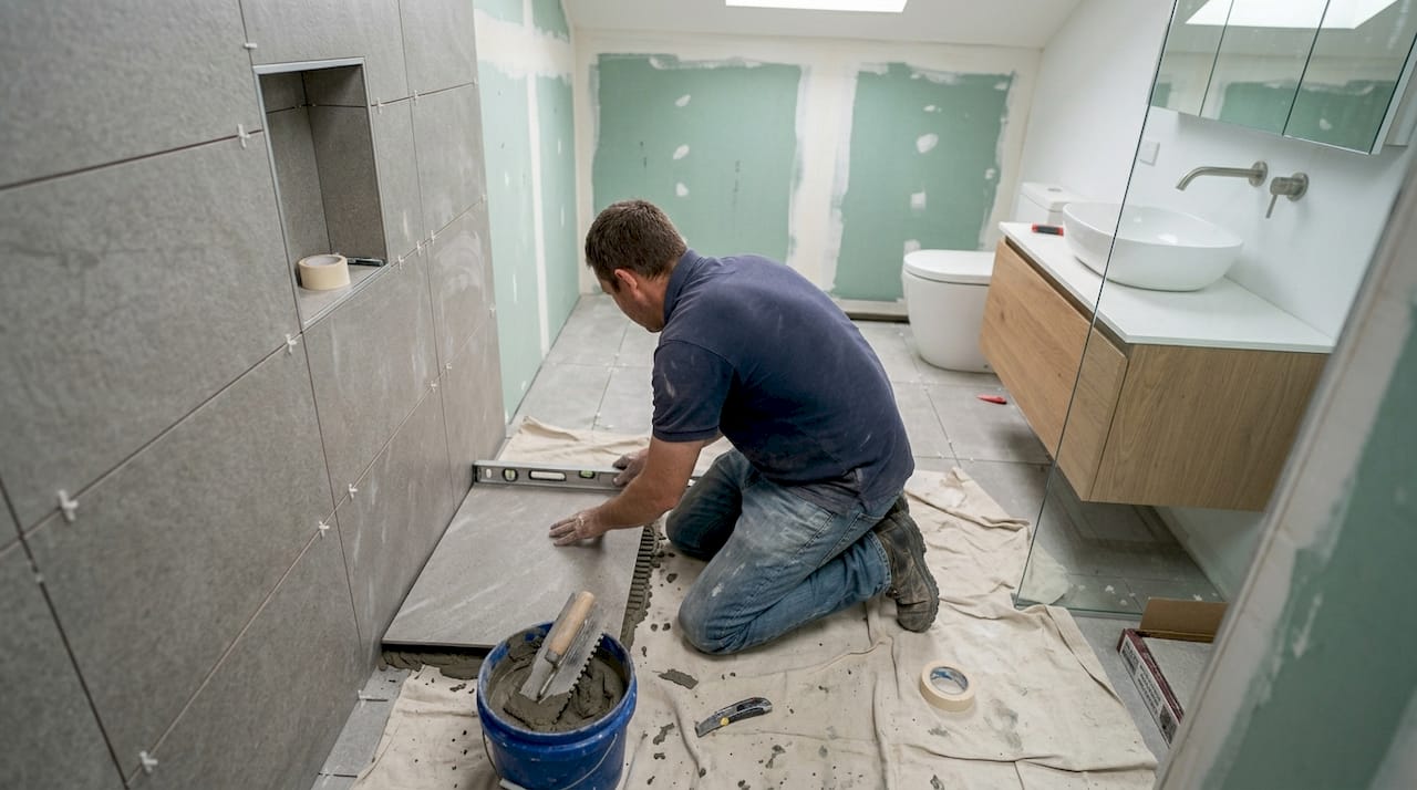 Majstor pažljivo postavlja i poravnava keramičke pločice u kupatilu, vodeći računa da svaki red bude potpuno ravan i uredan.