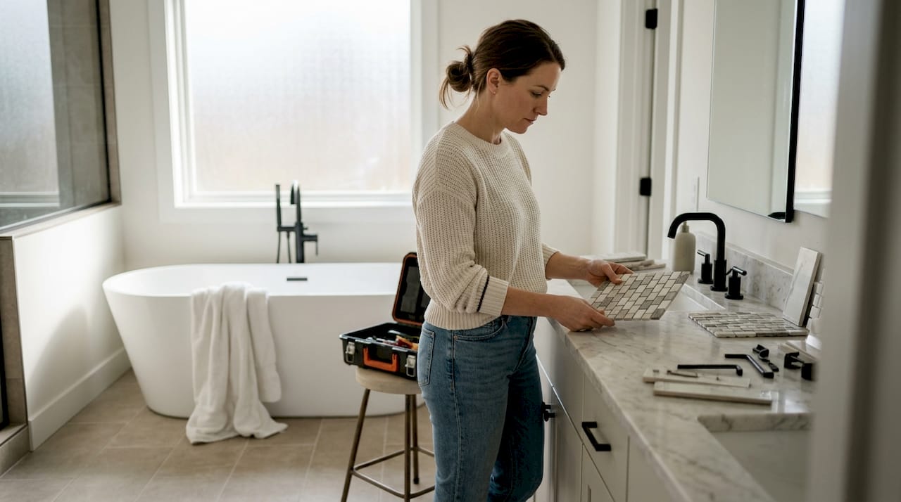 Žena pažljivo bira pločice za kupatilo u svom luksuznom domu, razmatrajući različite boje i teksture kako bi enterijer izgledao savršeno.