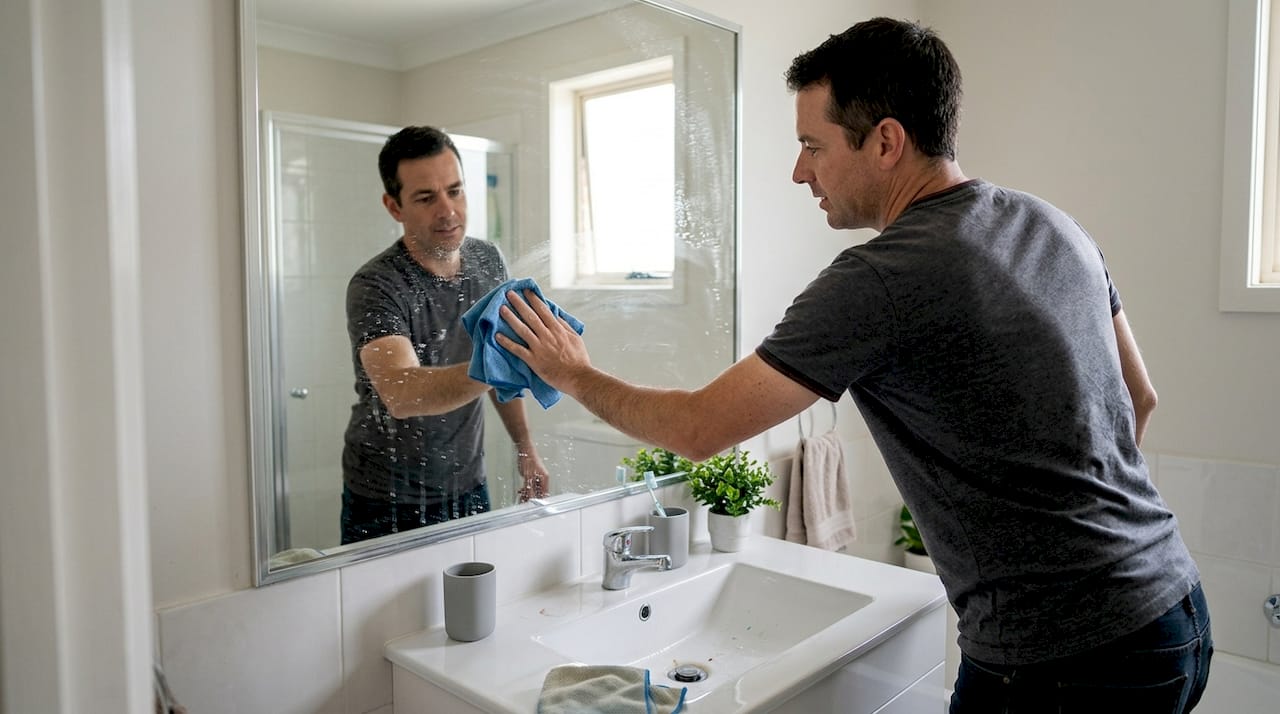 Muškarac briše veliko ogledalo u kupatilu svog stana.