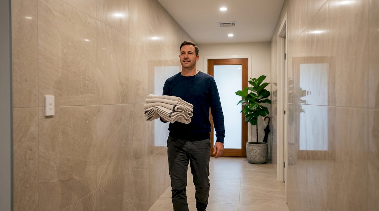 Savremeni hodnik sa zidovima obloženim sjajnim keramičkim pločicama stvara moderan i elegantan utisak.