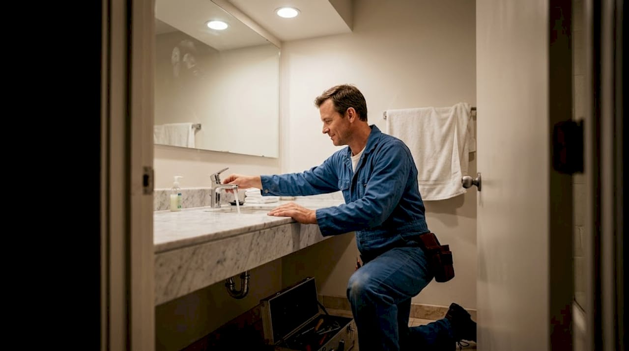 Serviser proverava beskontaktni lavabo u hotelskom kupatilu.