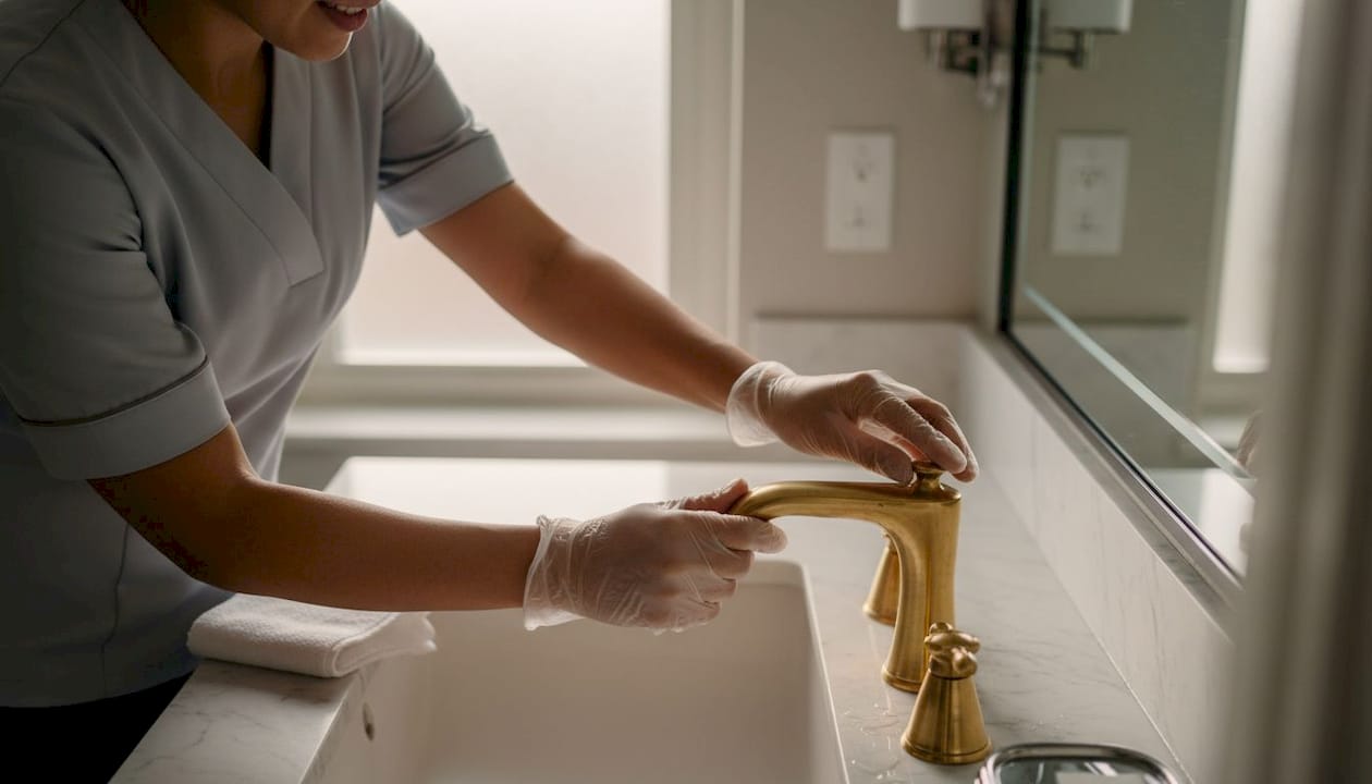 Sobarica pažljivo proverava luksuznu mesinganu slavinu u hotelskom kupatilu.