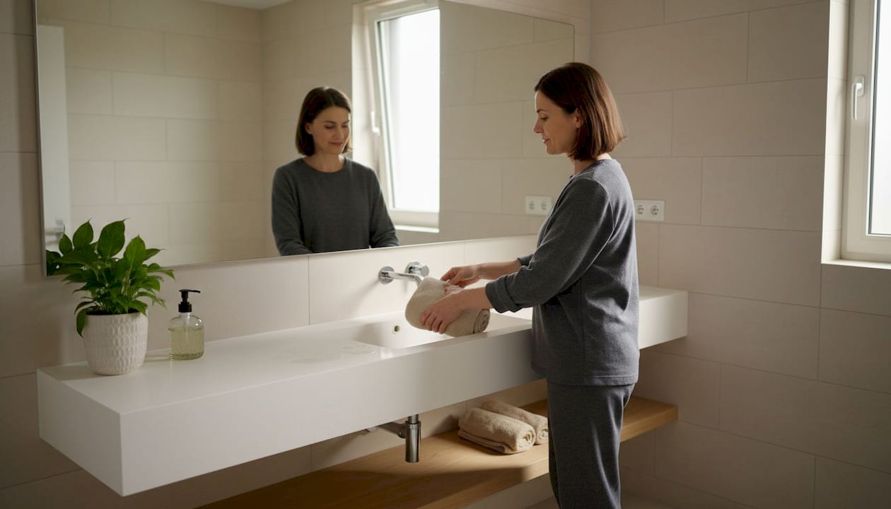 Žena namešta peškir dok se sprema u savremeno uređenom, luksuznom kupatilu.