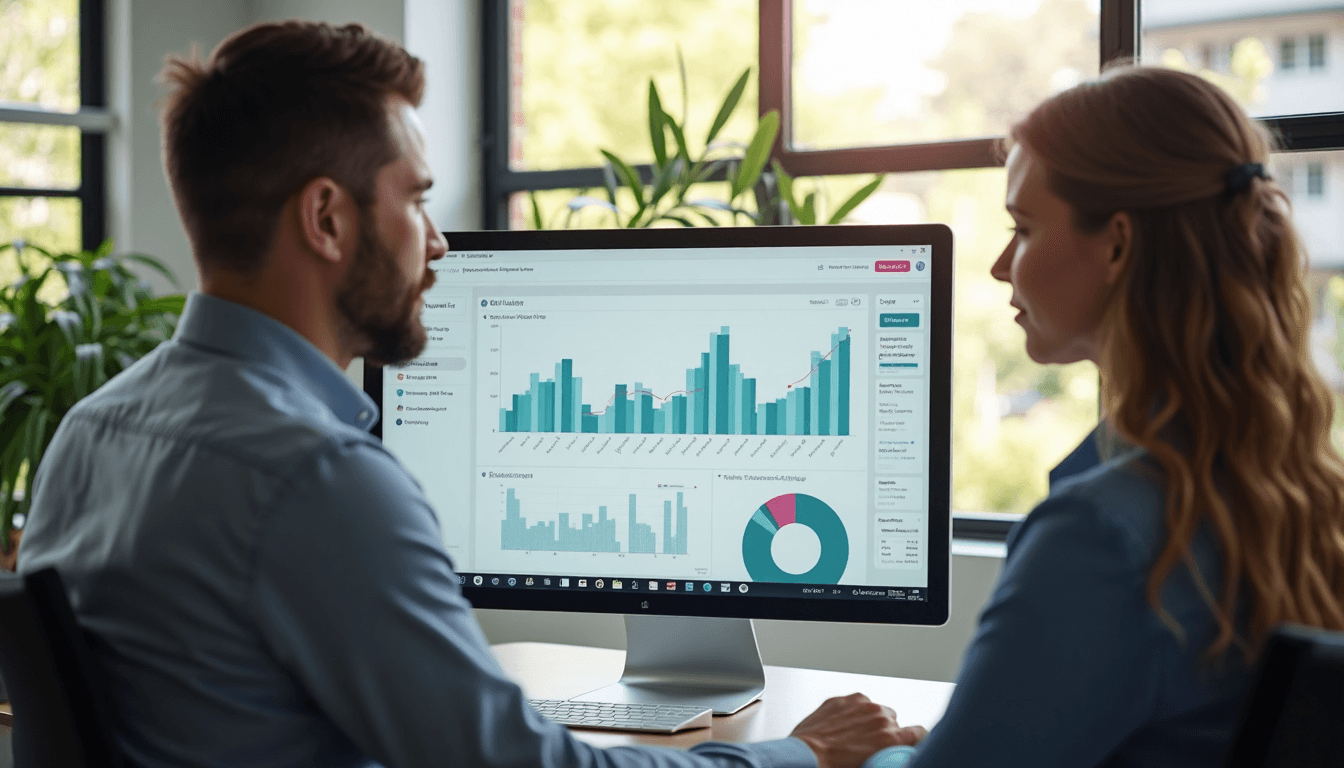 Staff reviewing voice AI analytics with efficiency overlay
