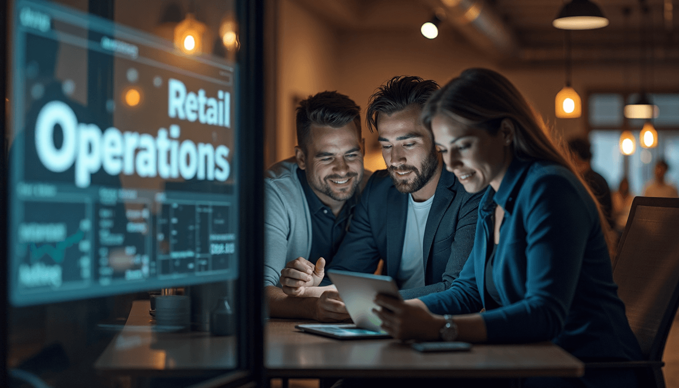 Retail team reviewing analytics in office at night